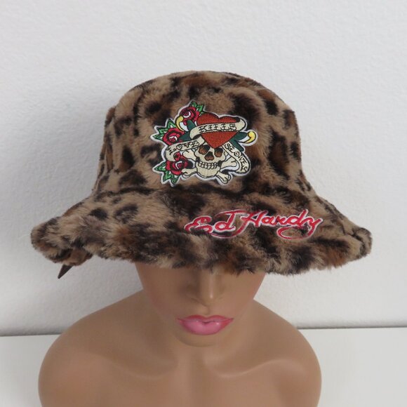 (#117) Ed Hardy Leopard faux fur women's bucket hat - Picture 1 of 7